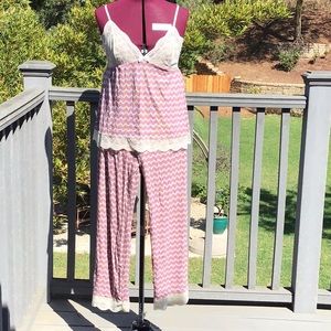 2 pc Eberjey lace Cami w/ lace trim lounge pant - Pink & grey chevron - sz Large